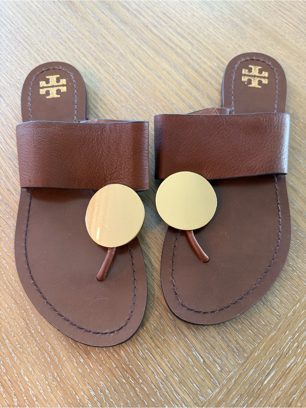 Tory Burch Brown Leather Toe-Post Slides with Gold Disc